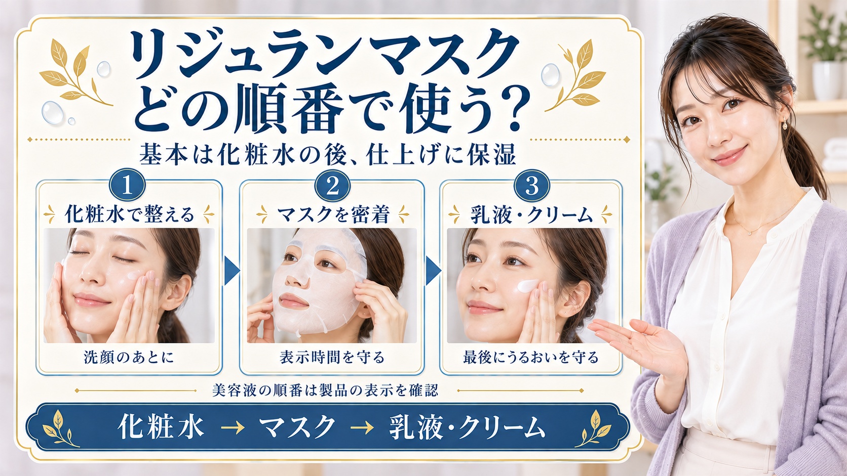 REJURANスージングマスクの順番!化粧水後と美容液の正しい配置の要点を3つの写真カードで説明