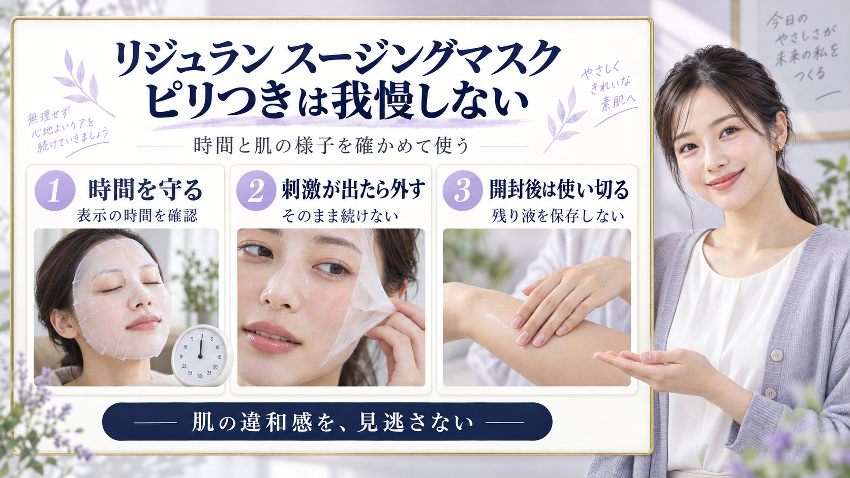 REJURANスージングマスクの注意点！ピリつきや赤みを防ぐ安全策の要点を3つの写真カードで説明