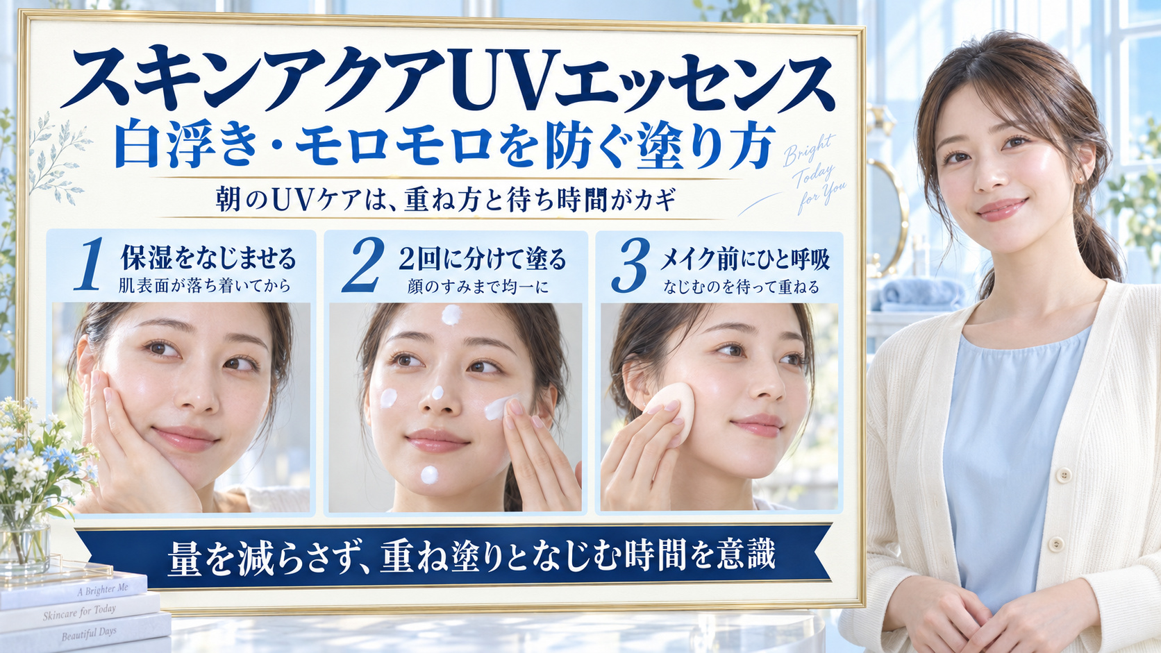 スキンアクアUVエッセンスの使い方!白浮き・モロモロを防ぐ適量術の要点を3つの写真カードで説明