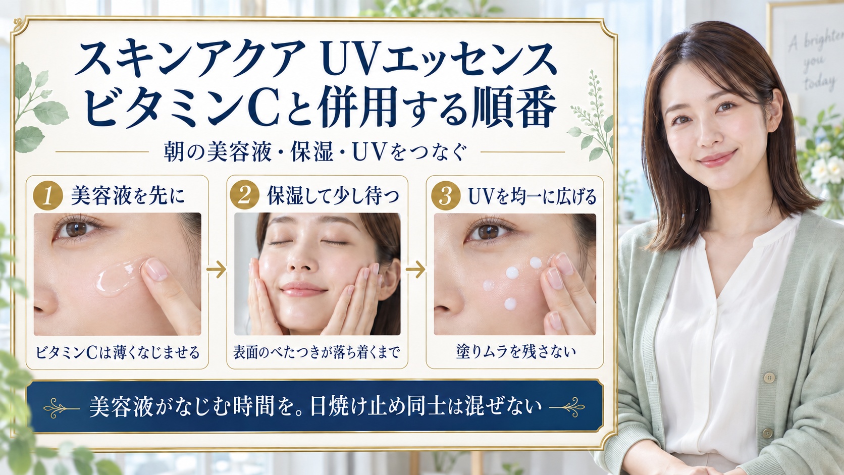 スキンアクアUVエッセンスの併用ガイド！ビタミンCや成分の相性の要点を3つの写真カードで説明