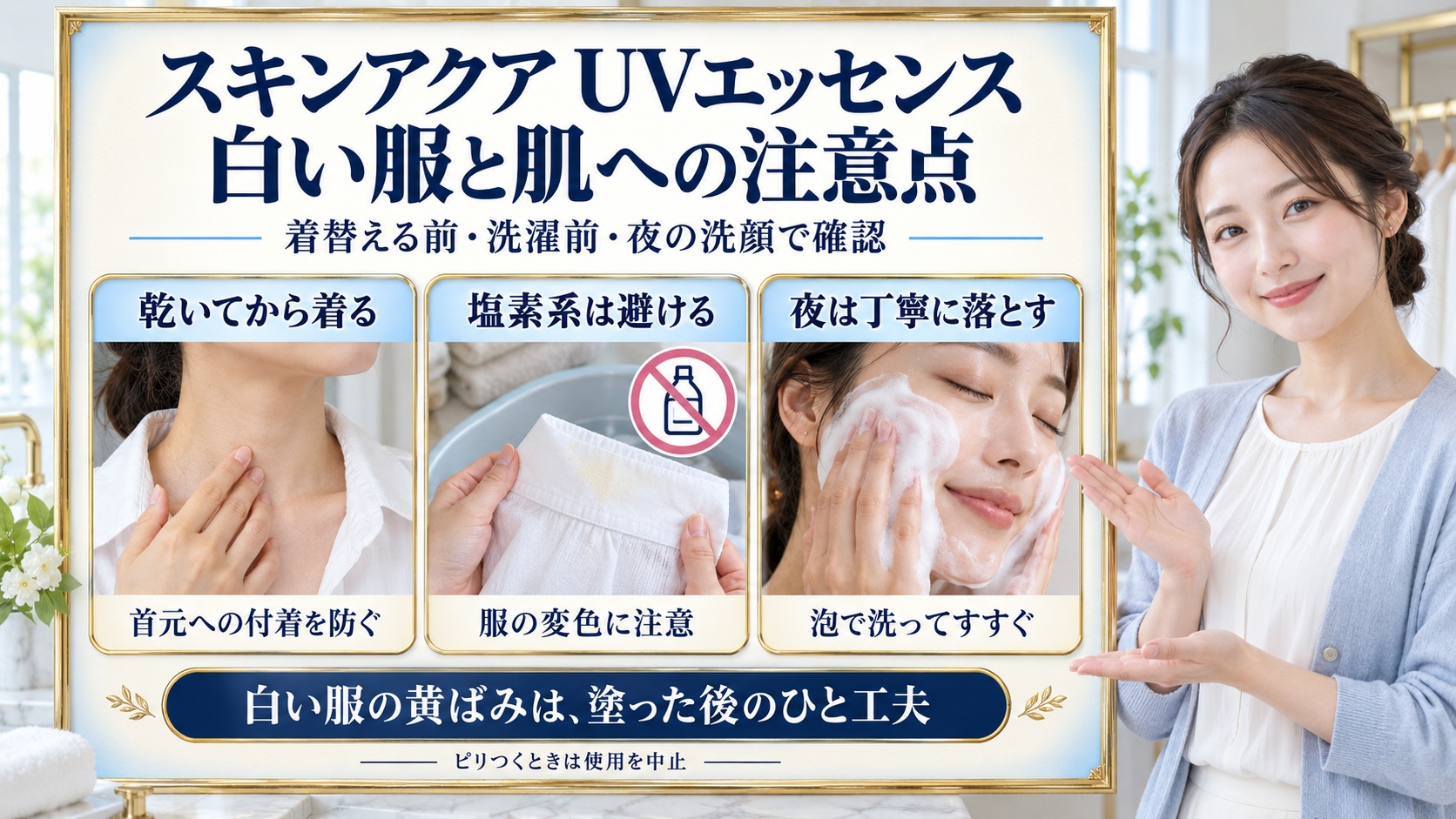 スキンアクアUVエッセンスの注意点！服の黄ばみ・肌荒れを防ぐ策の要点を3つの写真カードで説明