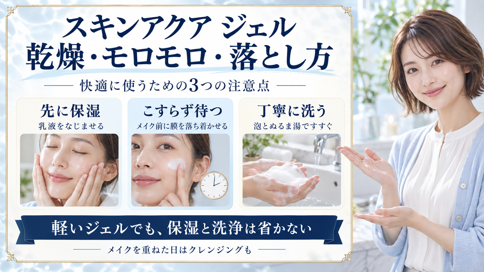 スキンアクアモイスチャージェルの注意点！乾燥や落とし方の罠の要点を3つの写真カードで説明