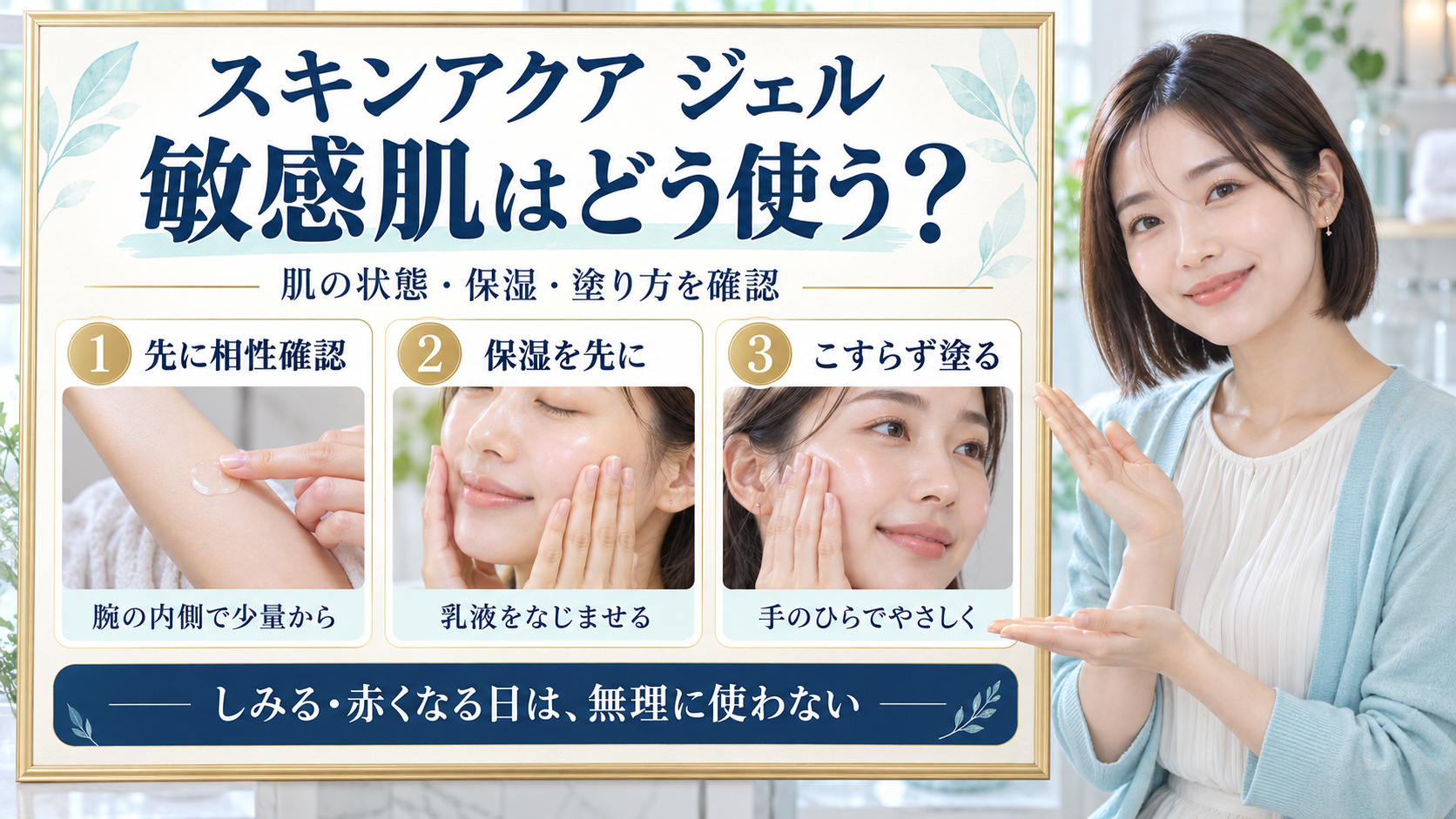 スキンアクアモイスチャージェルの敏感肌適性!刺激を防ぐ塗り方の要点を3つの写真カードで説明