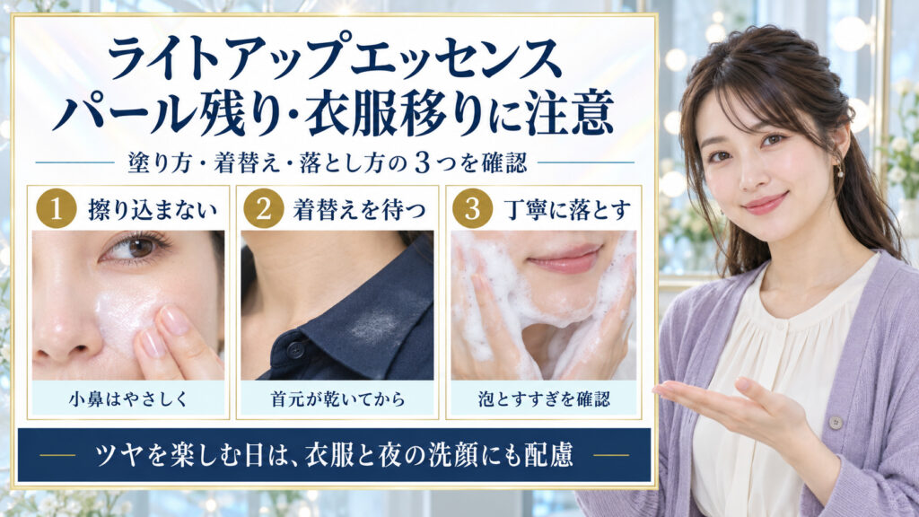 ライトアップエッセンスの注意点！パール残りや衣服移りの罠の要点を3つの写真カードで説明