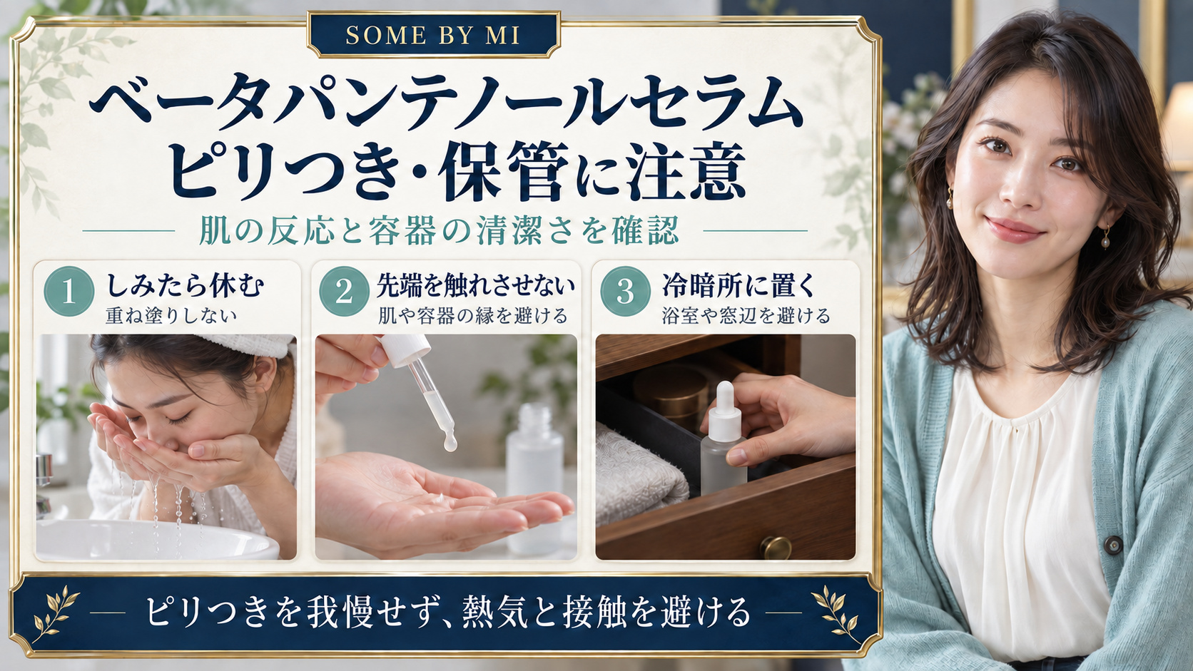 ベータパンテノールセラムの注意点!ピリつきや容器衛生の落とし穴の要点を3つの写真カードで説明