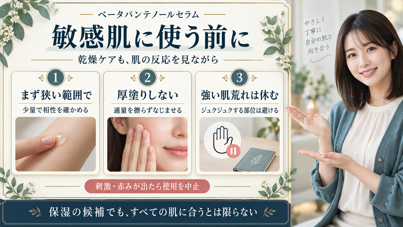ベータパンテノールセラムは敏感肌向き?赤みや荒れへの効果検証の要点を3つの写真カードで説明