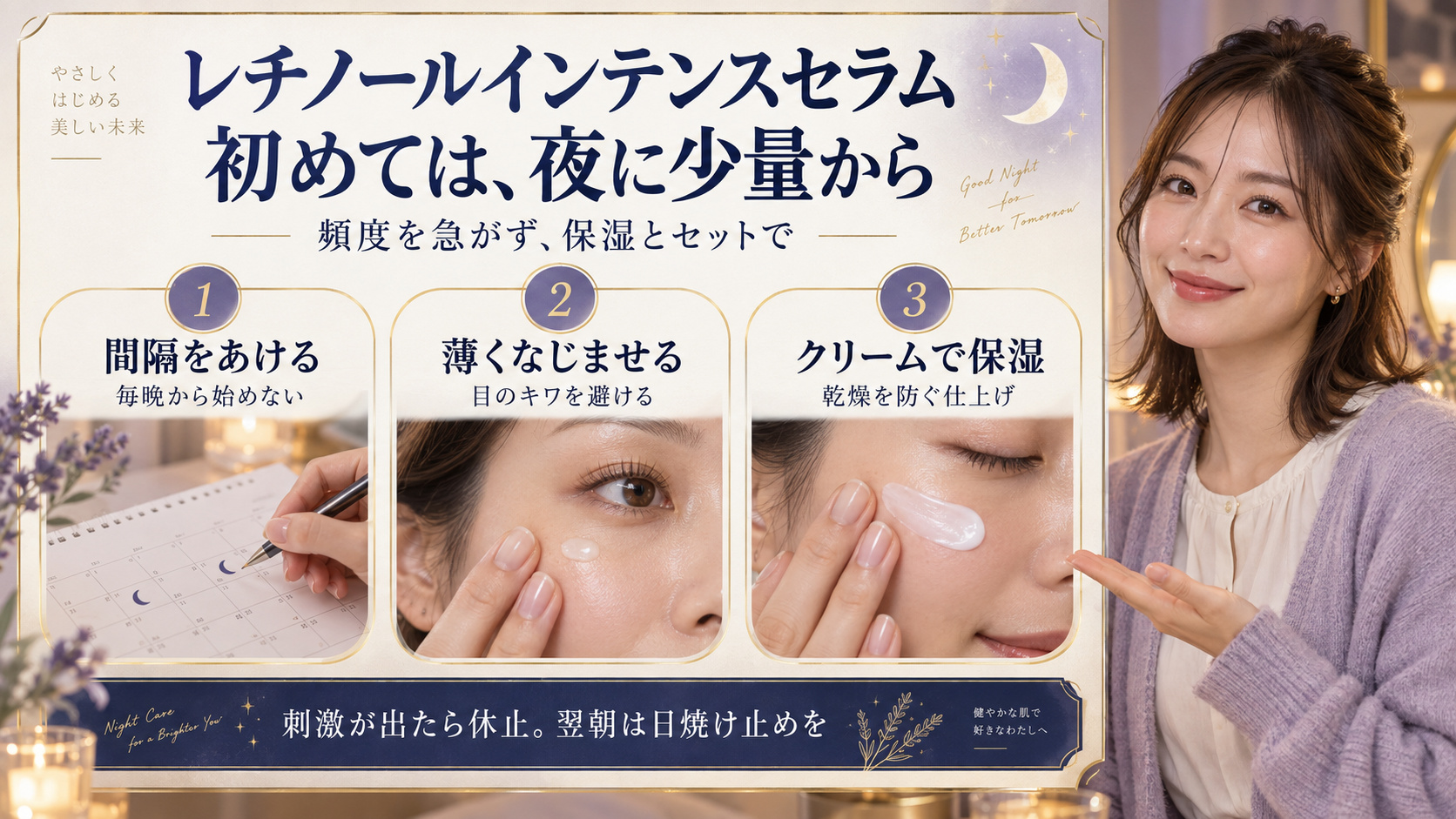 レチノールインテンスセラムの使い方！A反応を防ぐ頻度と夜の塗り方の要点を3つの写真カードで説明