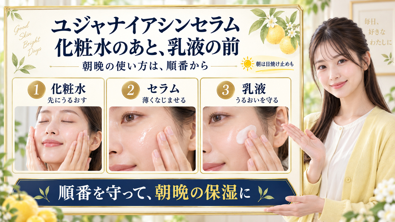 ユジャナイアシンセラムの正しい使い方!朝晩の適量と美肌浸透術の要点を3つの写真カードで説明