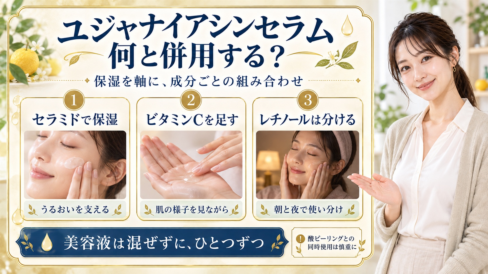 ユジャナイアシンセラム併用の最適解!相性抜群な成分と注意点の要点を3つの写真カードで説明
