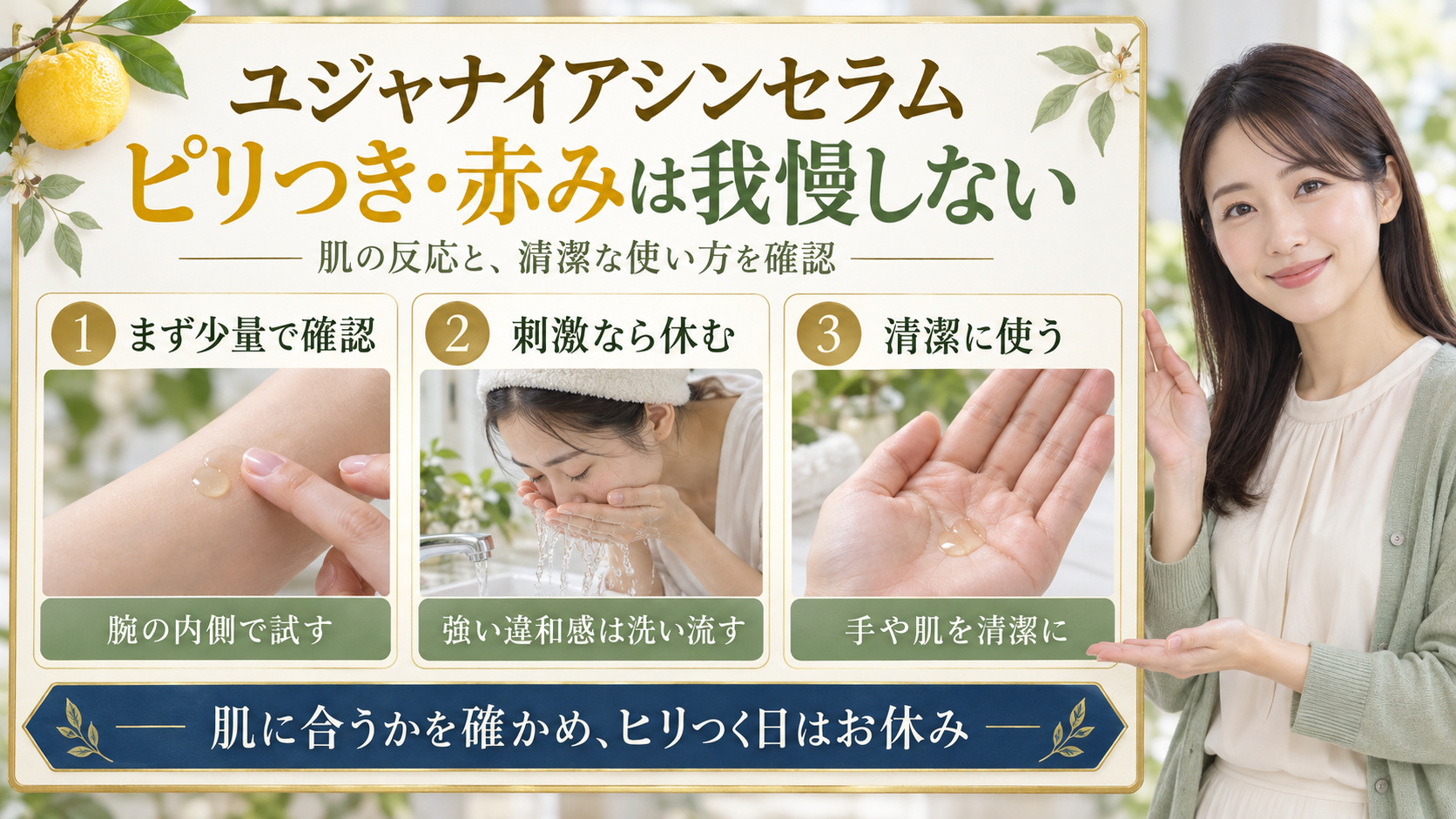ユジャナイアシンセラムの注意点!ピリつきや赤みを防ぐ安全策の要点を3つの写真カードで説明