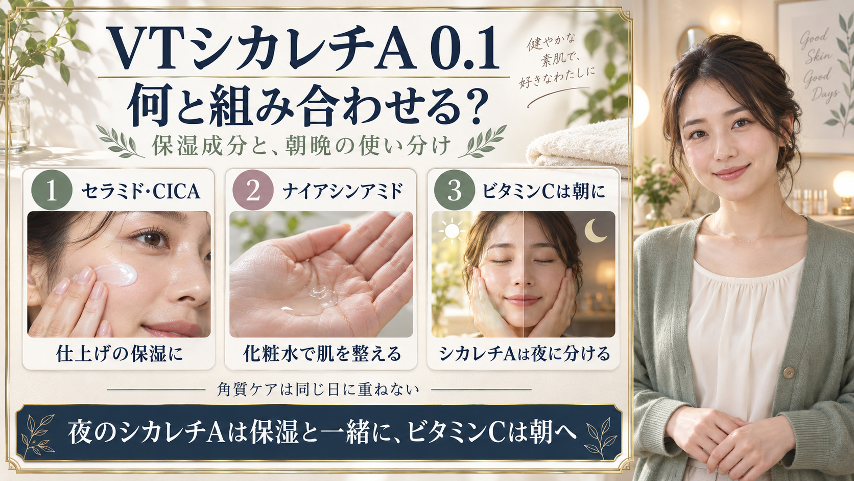 VTシカレチA0.1併用の正解！相性抜群な成分と注意すべきNGの要点を3つの写真カードで説明