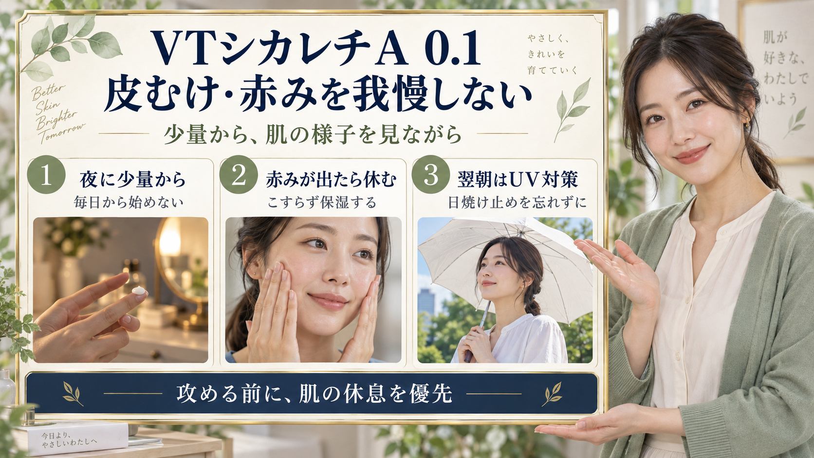 VTシカレチA0.1の注意点！皮むけ・赤みを防ぐ安全な使い方の要点を3つの写真カードで説明