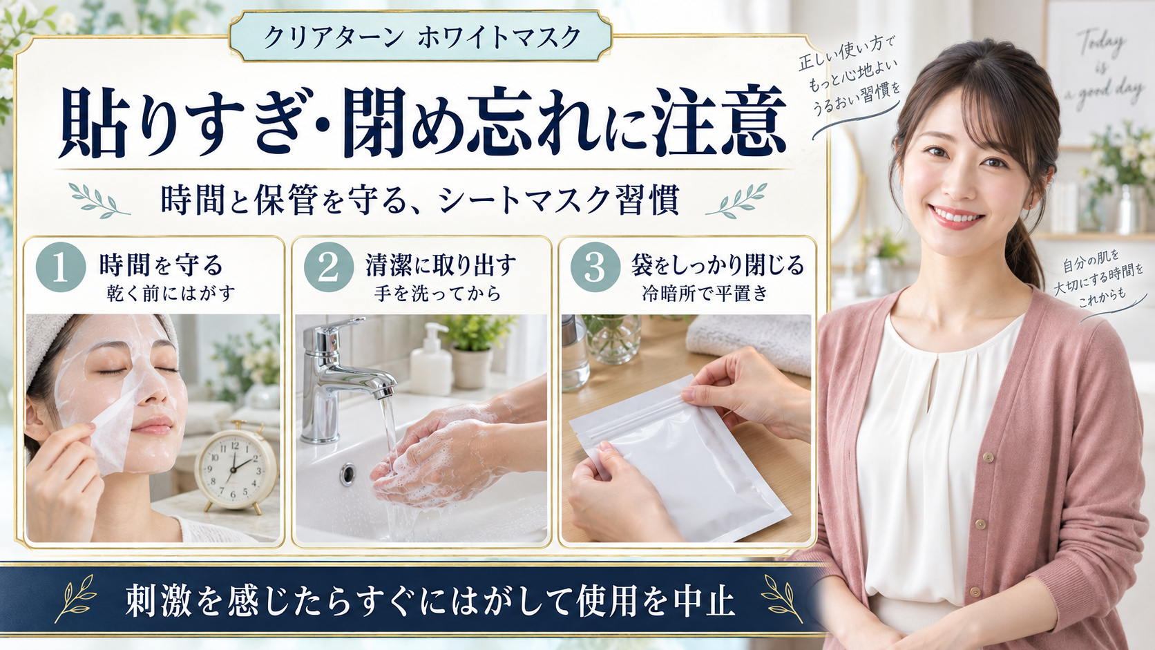 クリアターンホワイトマスクの注意点!肌荒れ防ぐ密着時間と保管術の要点を3つの写真カードで説明