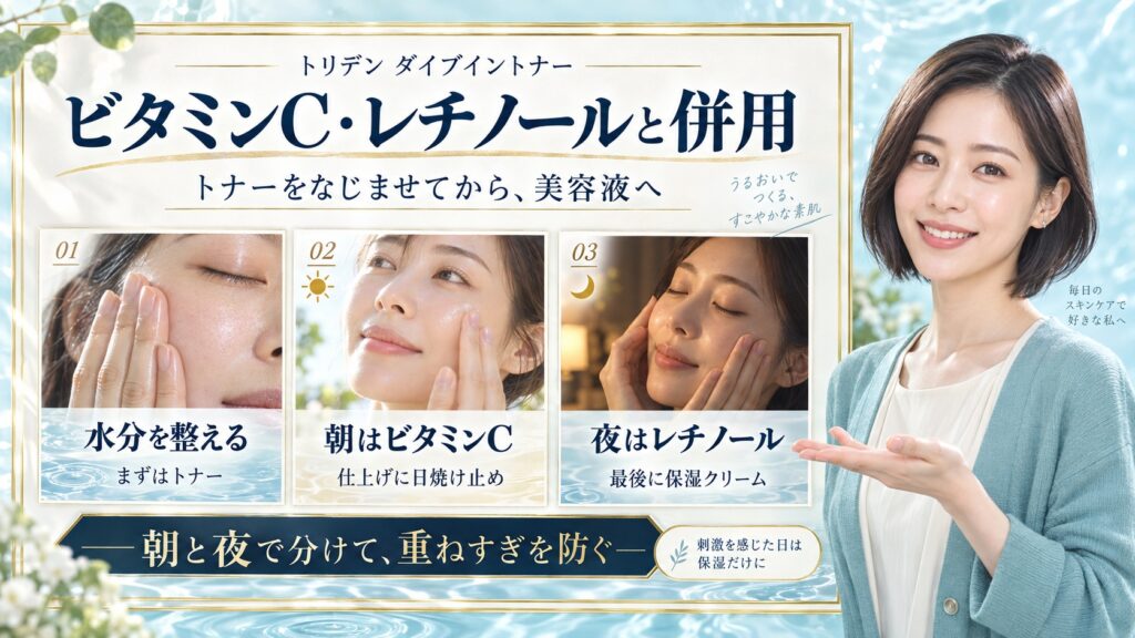 トリデンダイブイントナーの併用術！レチノールやビタミンCとの重ね方の要点を3つの写真カードで説明