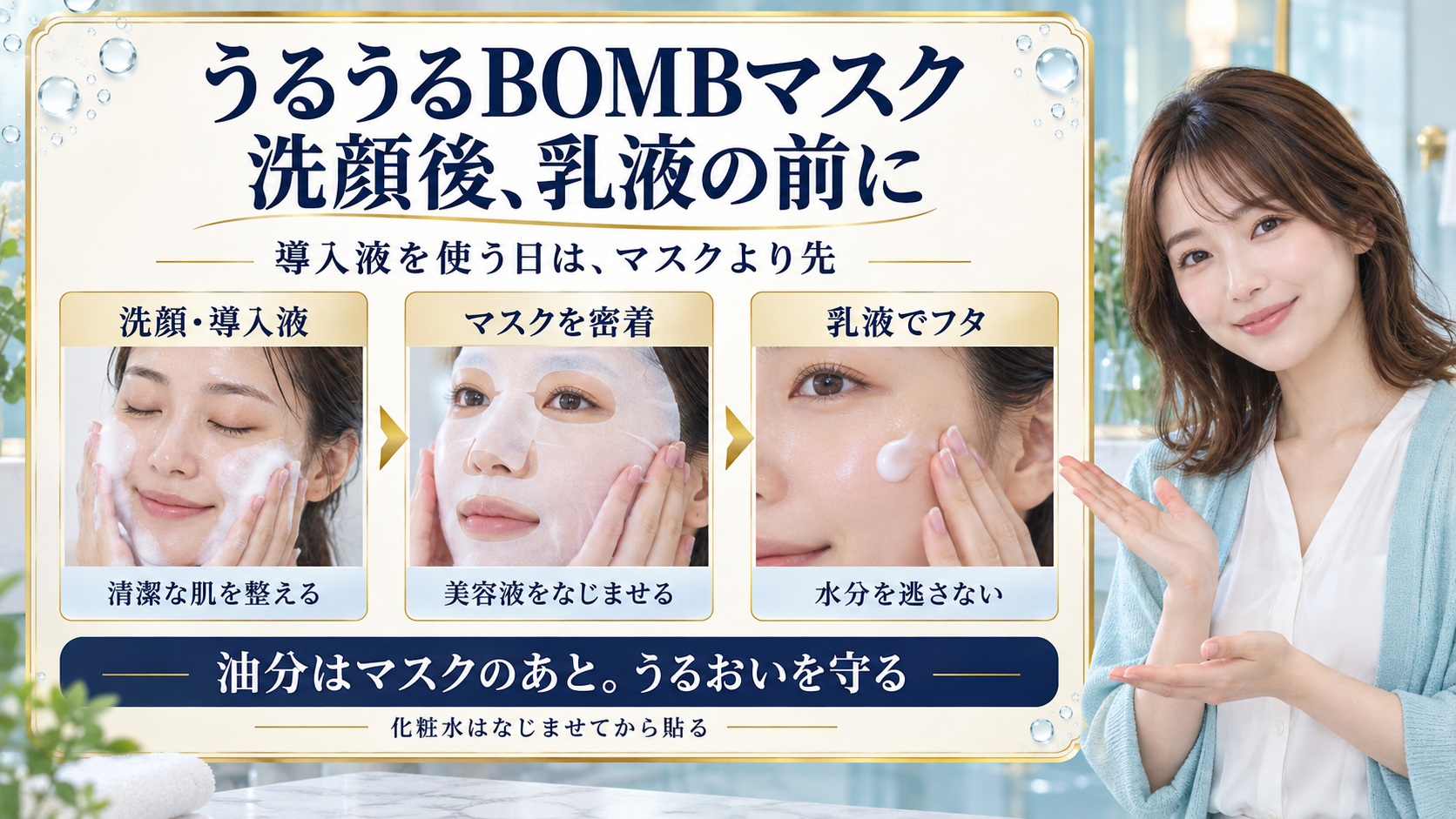 クリアターンうるうるBOMBマスクの順番！導入液と乳液の重ね技の要点を3つの写真カードで説明