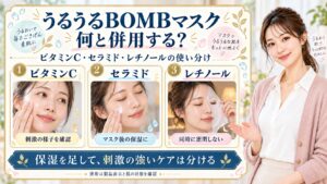 クリアターンうるうるBOMBマスク併用！ビタミンCやレチノールの相性の要点を3つの写真カードで説明