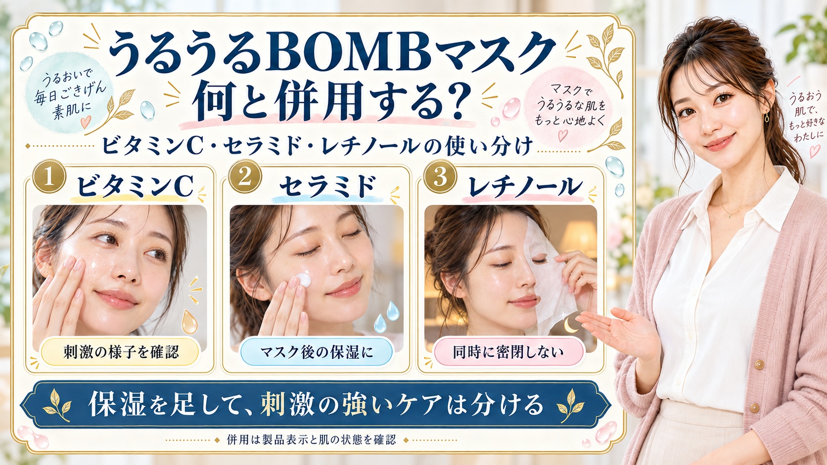 クリアターンうるうるBOMBマスク併用！ビタミンCやレチノールの相性の要点を3つの写真カードで説明