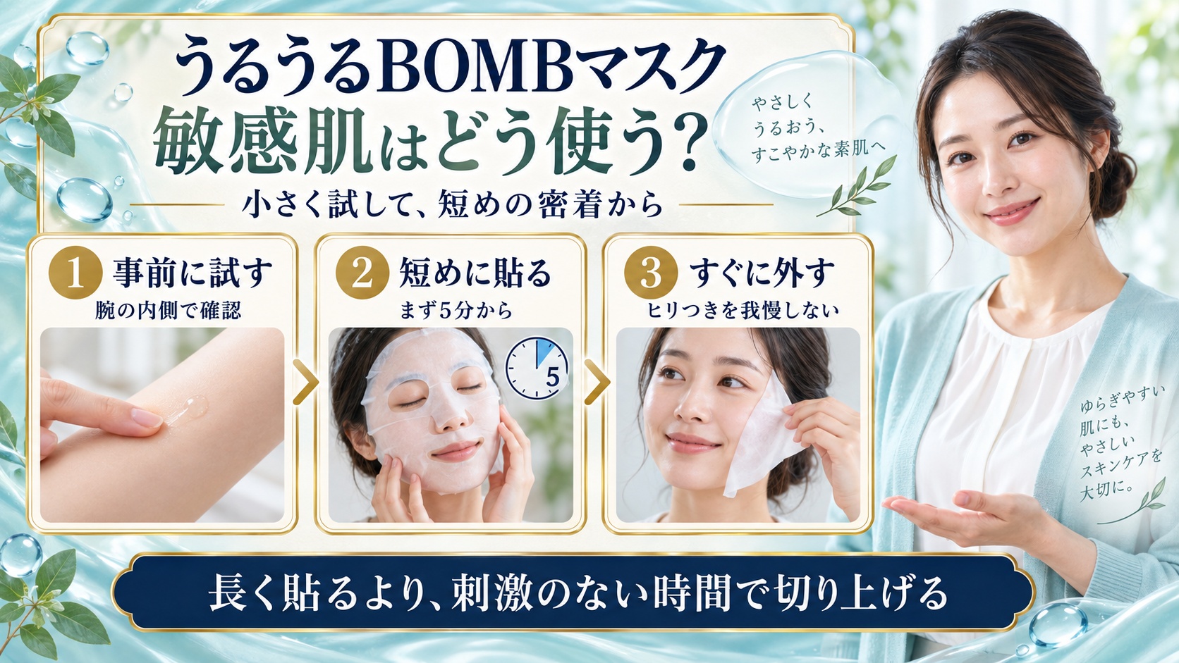 クリアターンうるうるBOMBマスクの敏感肌適性！低刺激処方と密着術の要点を3つの写真カードで説明