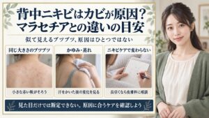 背中ニキビはカビが原因？マラセチア毛包炎との違いと見分け方の要点を3つの写真カードで説明