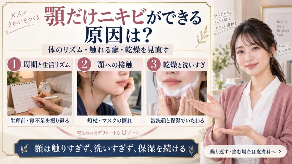 顎だけニキビができる原因は？ホルモン乱れとUゾーン集中ケアの要点を3つの写真カードで説明