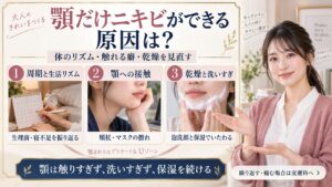 顎だけニキビができる原因は？ホルモン乱れとUゾーン集中ケアの要点を3つの写真カードで説明
