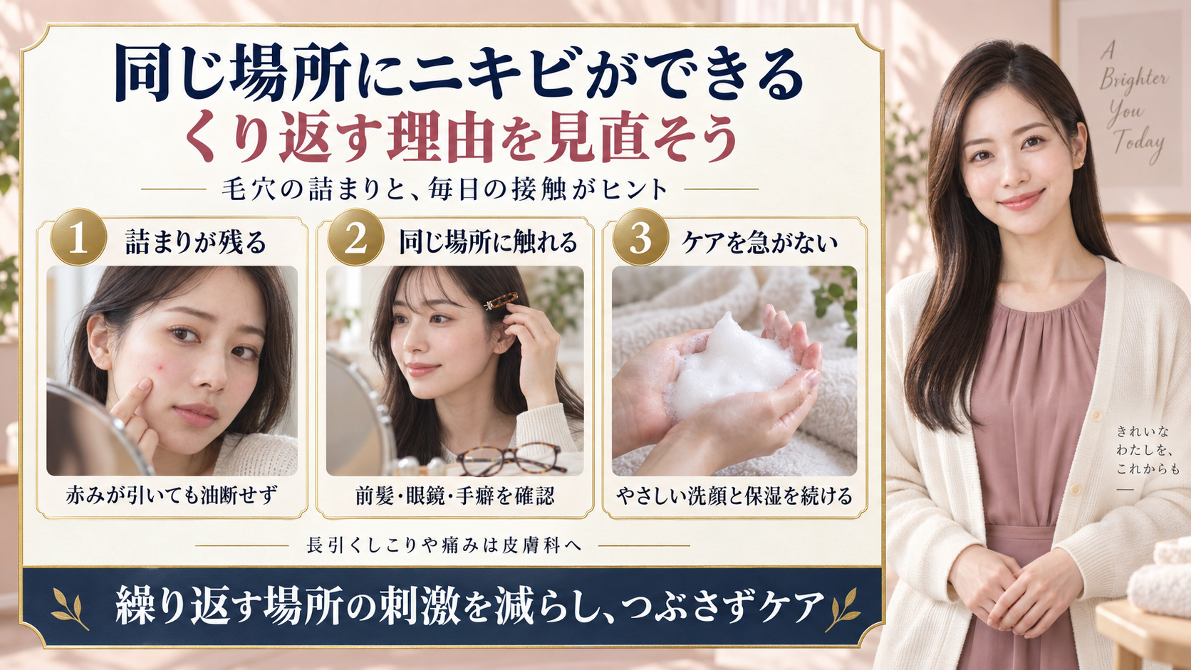 同じ場所にできるニキビが治らない原因！毛包破壊と再発防止ケアの要点を3つの写真カードで説明