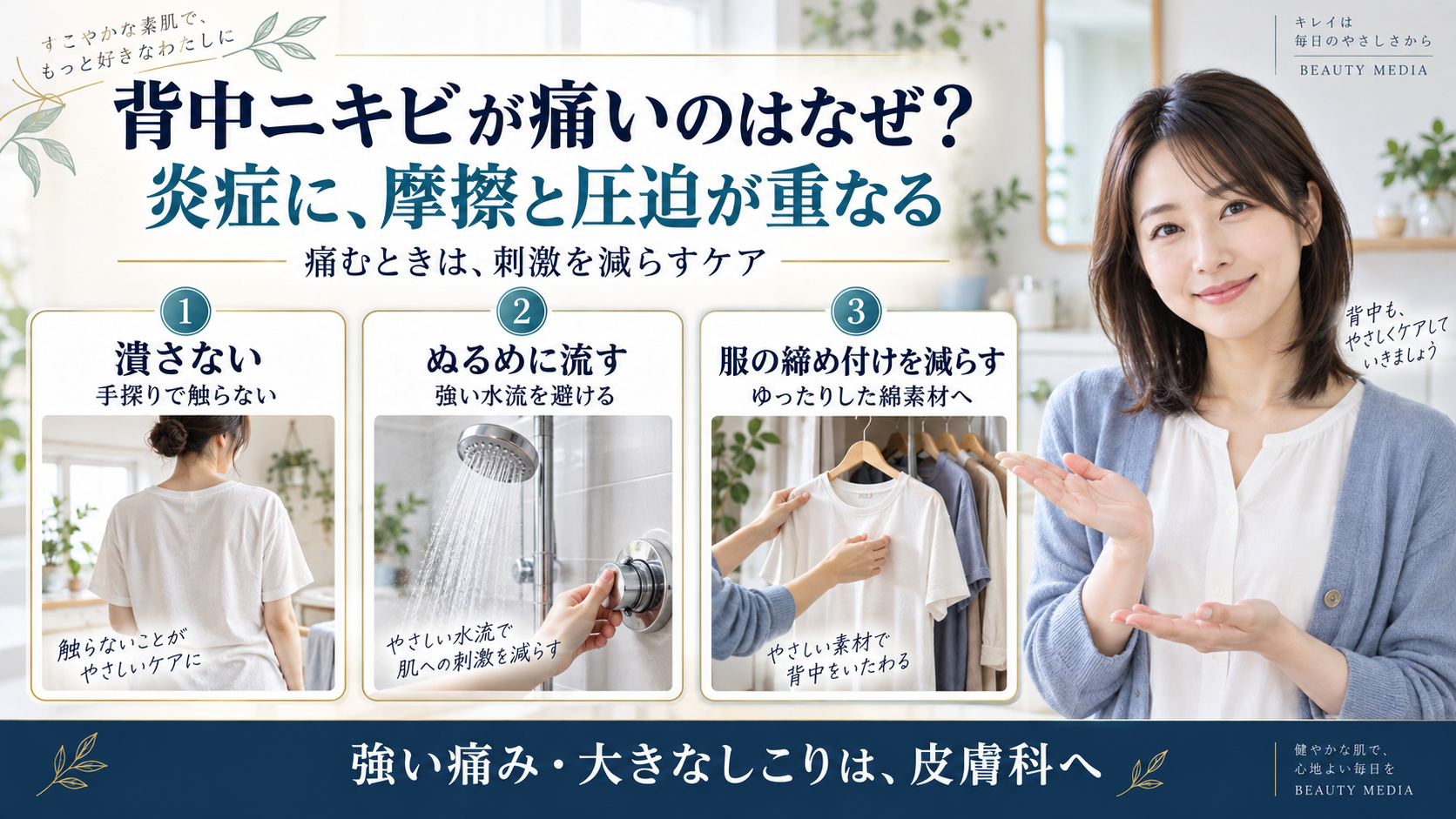 背中ニキビが痛い原因は？毛穴の奥の炎症を鎮めるボディケアの要点を3つの写真カードで説明