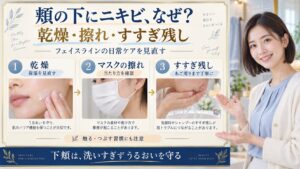 頬の下にできるニキビの原因！フェイスラインの乾燥と擦れケアの要点を3つの写真カードで説明