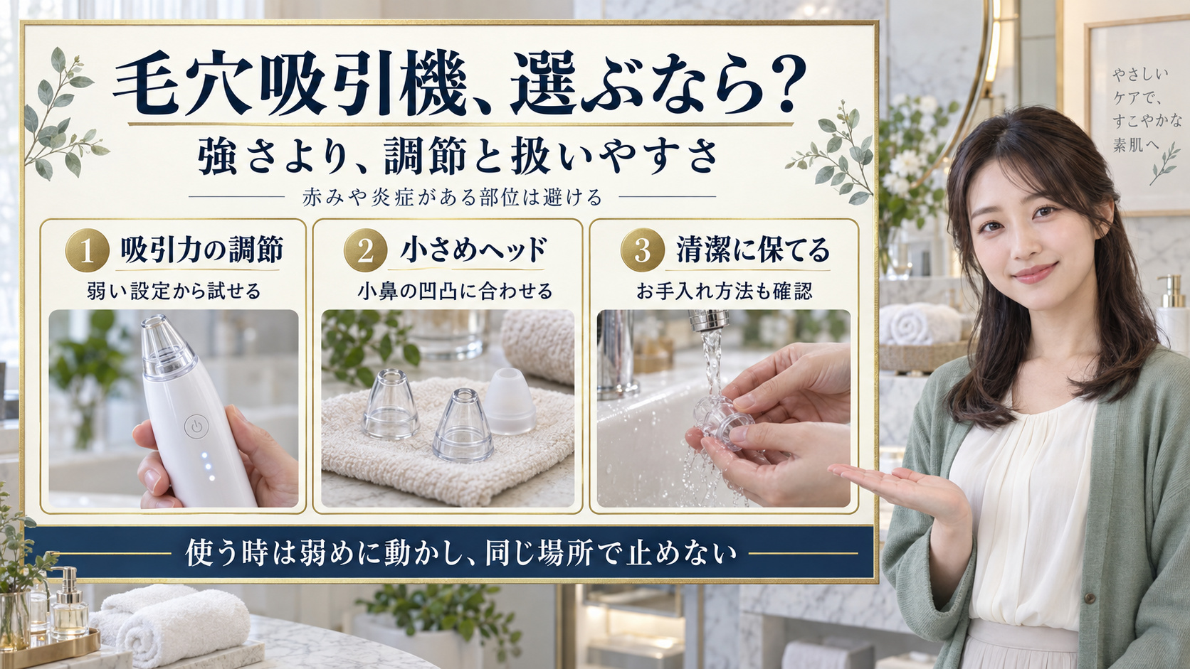 毛穴吸引機おすすめの選び方！角栓ケアの正しい使い方と肌トラブル防止法の要点を3つの写真カードで説明