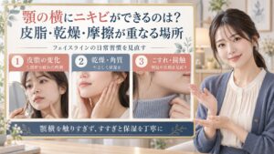 顎の横にできるニキビの原因！フェイスラインの角質とホルモンケアの要点を3つの写真カードで説明
