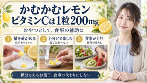 かむかむレモンのビタミンC含有量！美肌への効果と上手なおやつ活用法の要点を3つの写真カードで説明