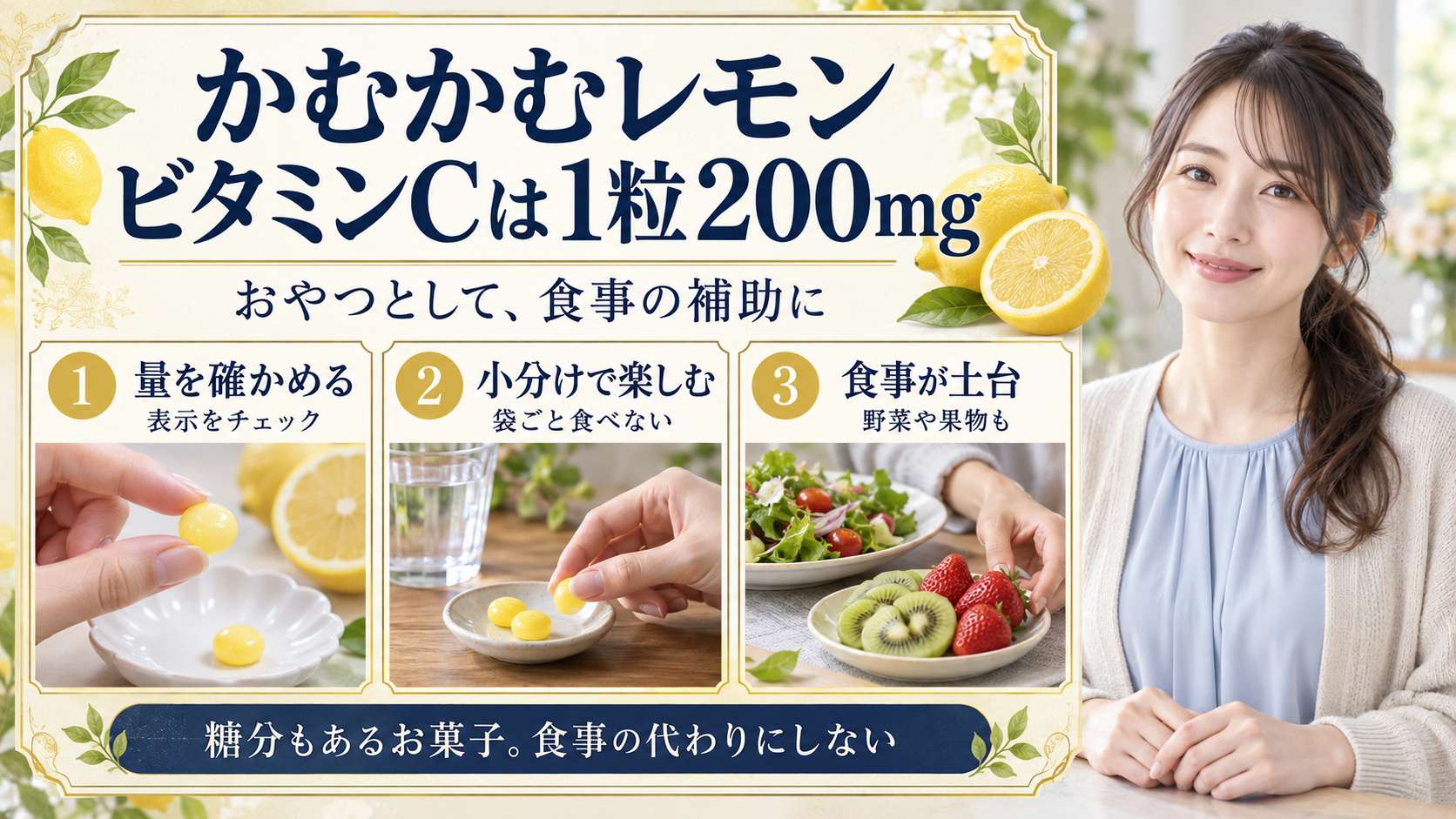かむかむレモンのビタミンC含有量!美肌への効果と上手なおやつ活用法の要点を3つの写真カードで説明