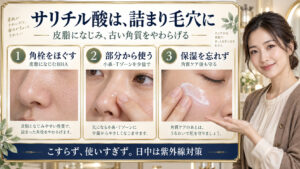 サリチル酸の毛穴ケア効果！角栓と黒ずみを防ぐ正しい使い方と注意点の要点を3つの写真カードで説明