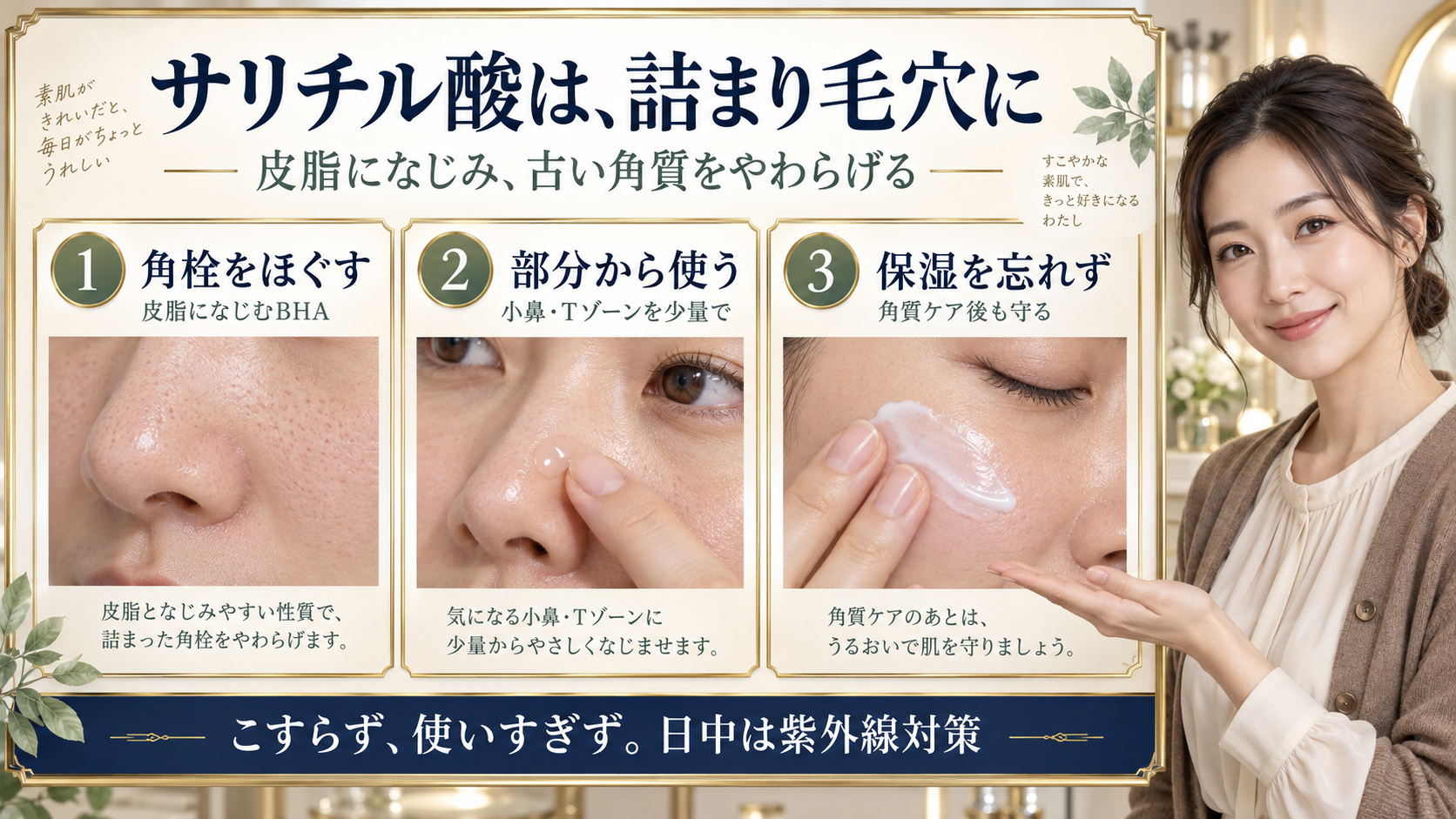 サリチル酸の毛穴ケア効果!角栓と黒ずみを防ぐ正しい使い方と注意点の要点を3つの写真カードで説明