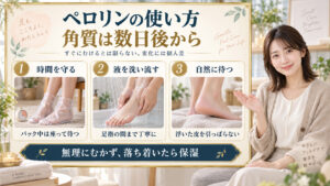 フットピーリングパックペロリンの効果！角質ポロポロ体験と正しい使い方の要点を3つの写真カードで説明