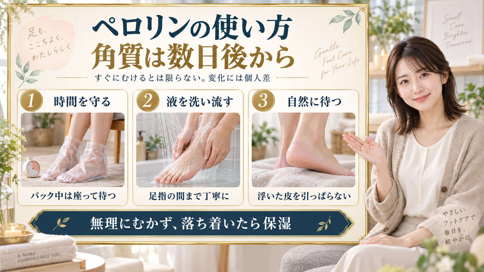 フットピーリングパックペロリンの効果!角質ポロポロ体験と正しい使い方の要点を3つの写真カードで説明