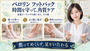 ペロリンフットピーリングパック！かかと角質をケアする正しい使い方の要点を3つの写真カードで説明