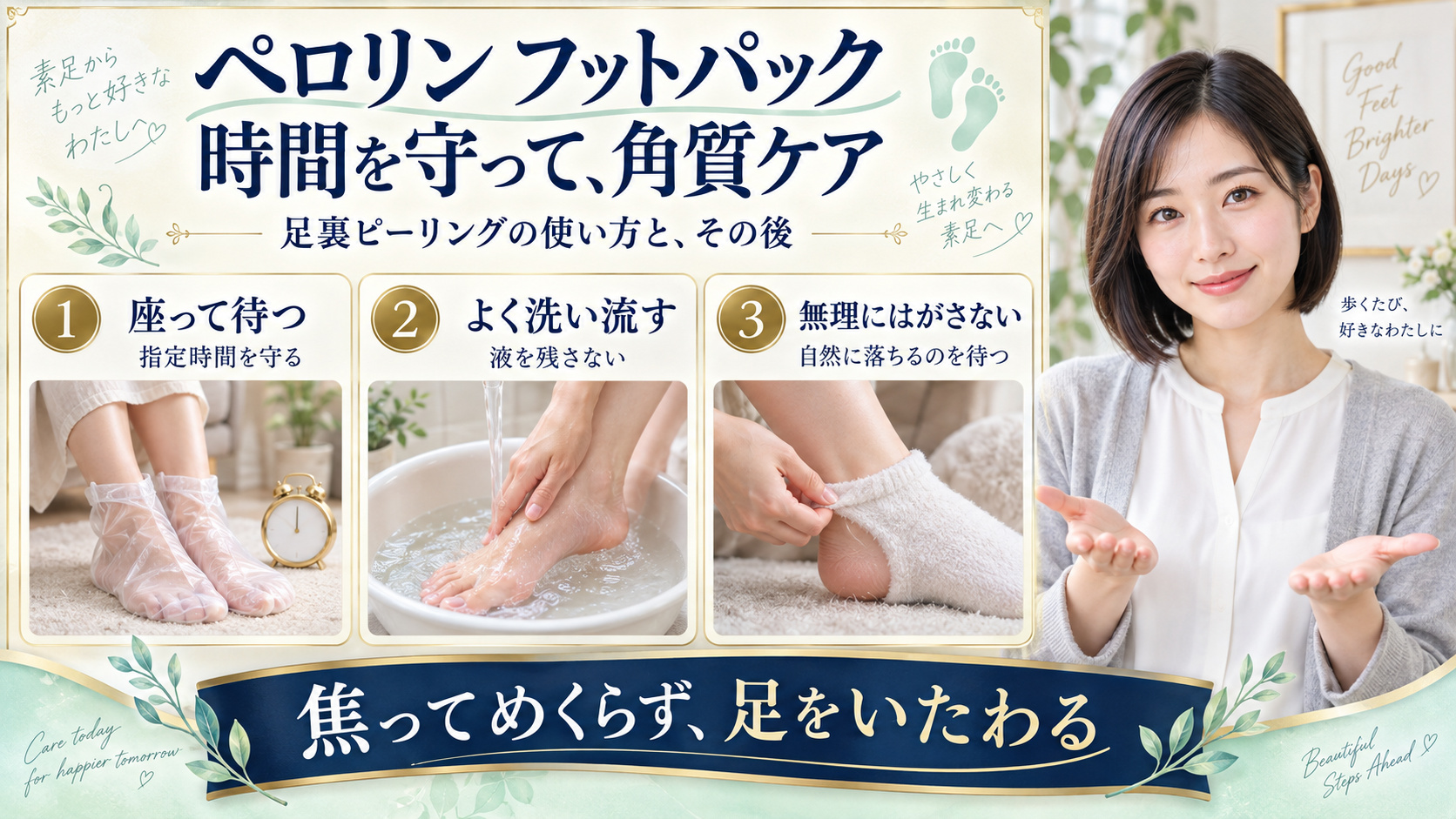 ペロリンフットピーリングパック！かかと角質をケアする正しい使い方の要点を3つの写真カードで説明