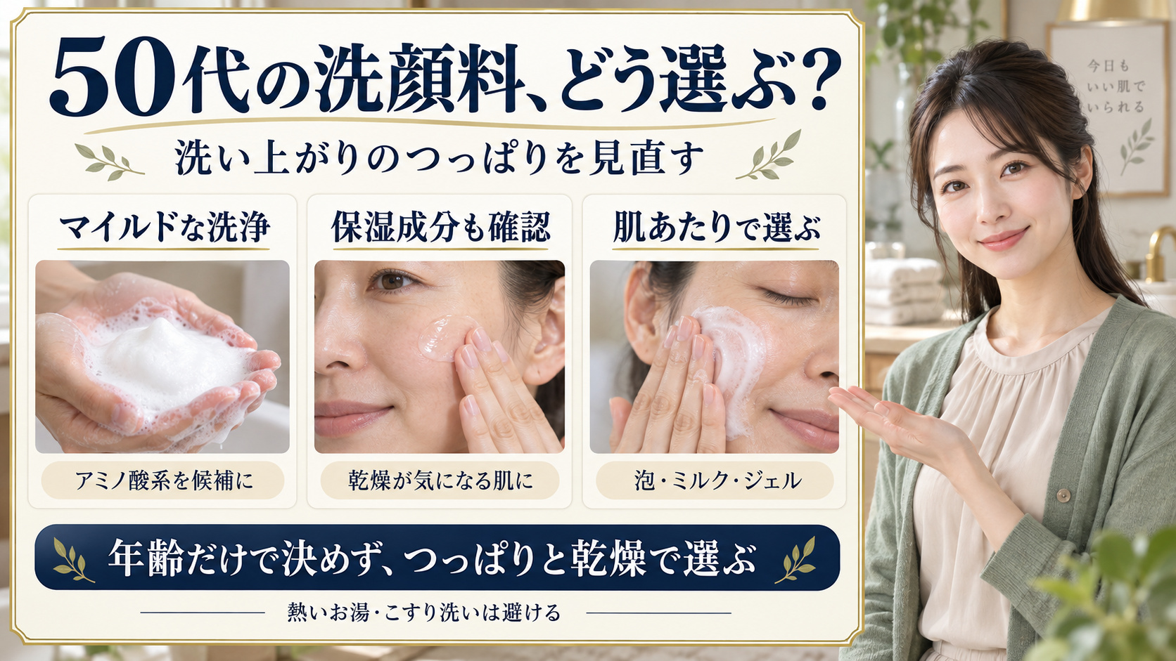 50代におすすめの洗顔料!乾燥やくすみを防ぐうるおい洗顔設計の要点を3つの写真カードで説明