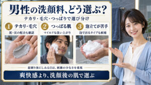 男性におすすめの洗顔料！テカリと毛穴を防ぐメンズ洗顔設計の要点を3つの写真カードで説明