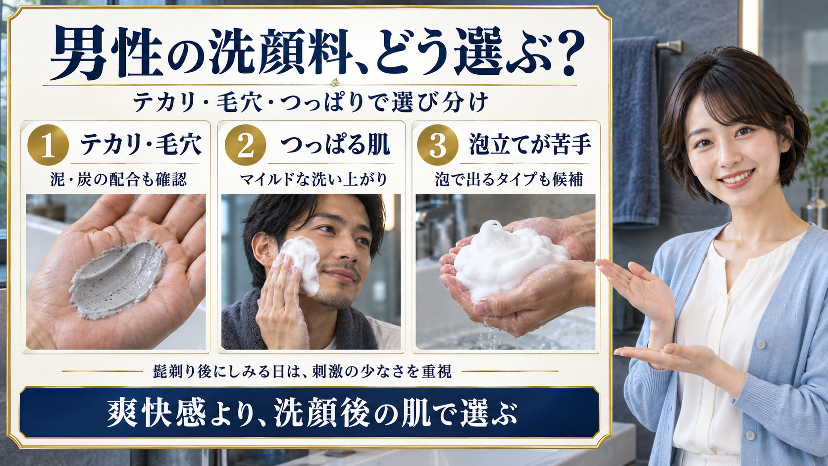 男性におすすめの洗顔料!テカリと毛穴を防ぐメンズ洗顔設計の要点を3つの写真カードで説明