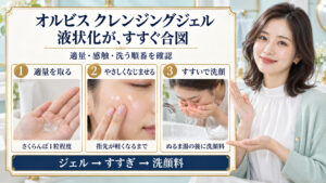オルビス クレンジングジェルはさくらんぼ1粒程度を取り、指先が軽くなるまでなじませ、ぬるま湯ですすいだ後に洗顔料を使う手順
