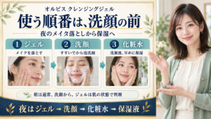 オルビス クレンジングジェルを夜は洗顔前に使い、ジェル、洗顔、化粧水、保湿液と進む順番。朝は通常洗顔から。