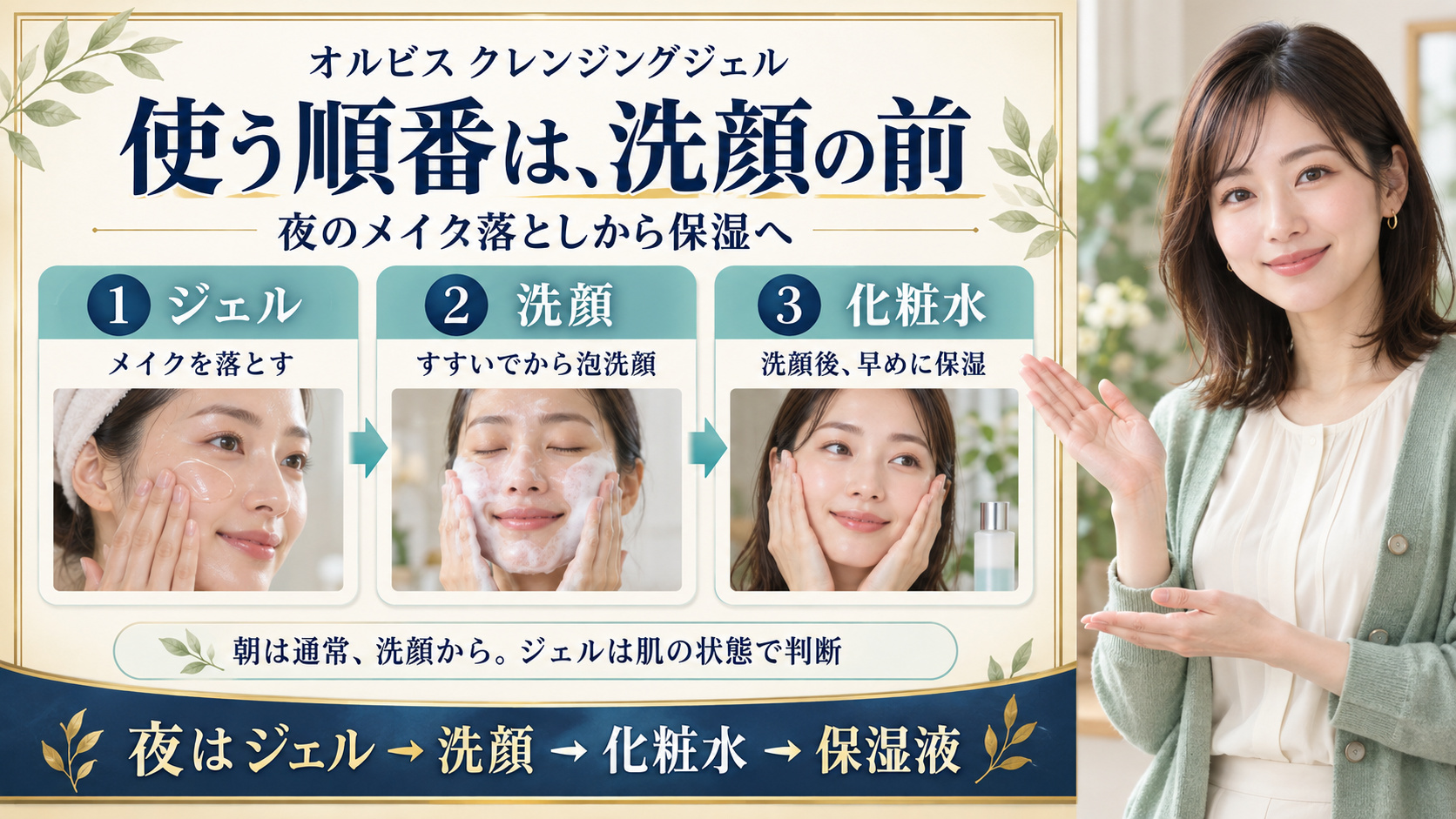 オルビス クレンジングジェルを夜は洗顔前に使い、ジェル、洗顔、化粧水、保湿液と進む順番。朝は通常洗顔から。