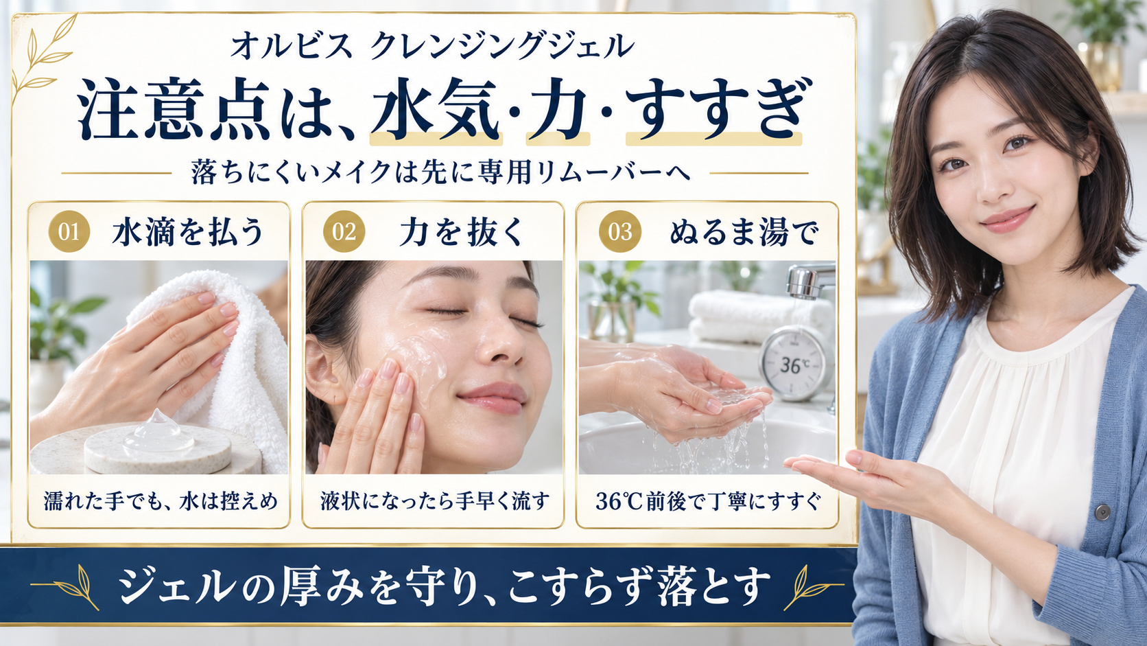 オルビス クレンジングジェルの注意点。水滴を払い、力を抜き、36℃前後のぬるま湯ですすぐ3つの使い方