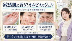 アルコールフリーとジェルの厚みを軸に、量・接触時間・湯温を調整する。肌への適合は個別に確認する。