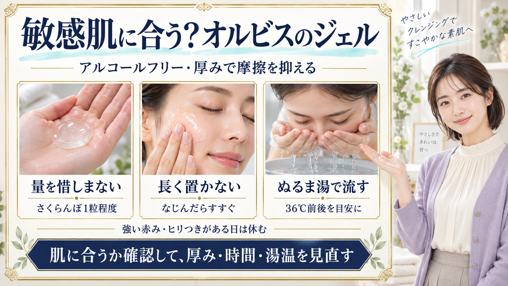 アルコールフリーとジェルの厚みを軸に、量・接触時間・湯温を調整する。肌への適合は個別に確認する。