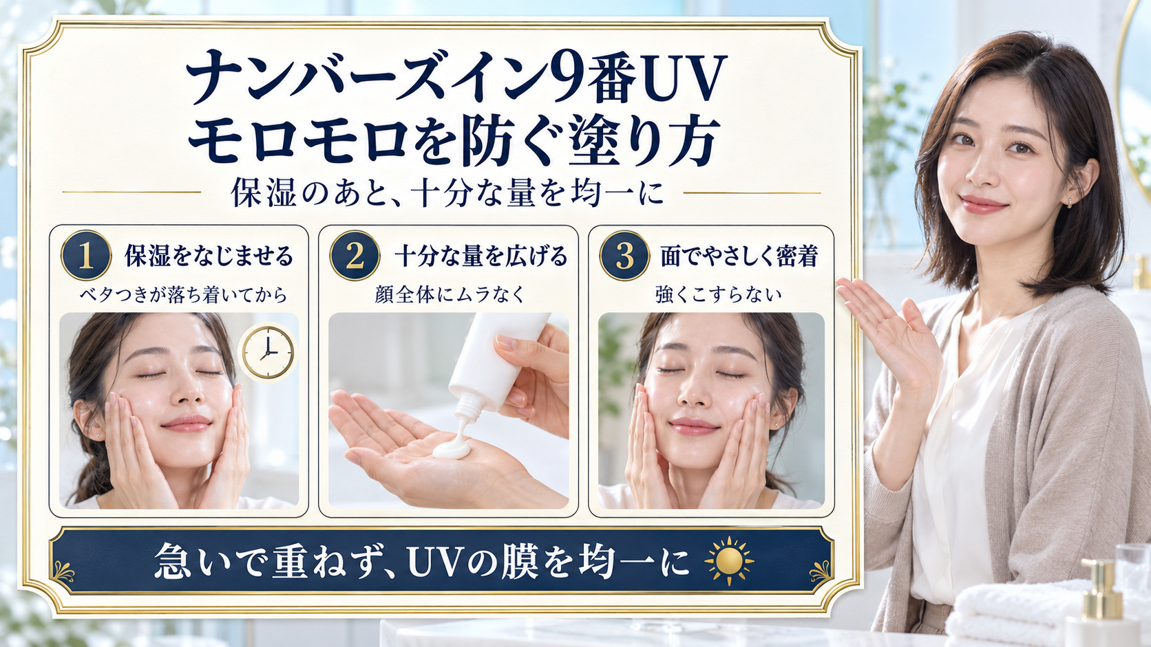 ナンバーズイン9番UVクリームの使い方。保湿をなじませ、十分な量を均一に広げ、面でやさしく密着させる3つのポイント