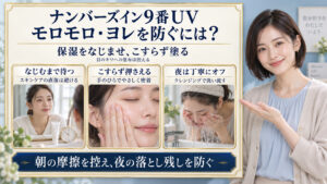 ナンバーズイン9番UVのモロモロやヨレを防ぐため、保湿をなじませてからこすらず塗り、夜は丁寧にクレンジングする3つの注意点