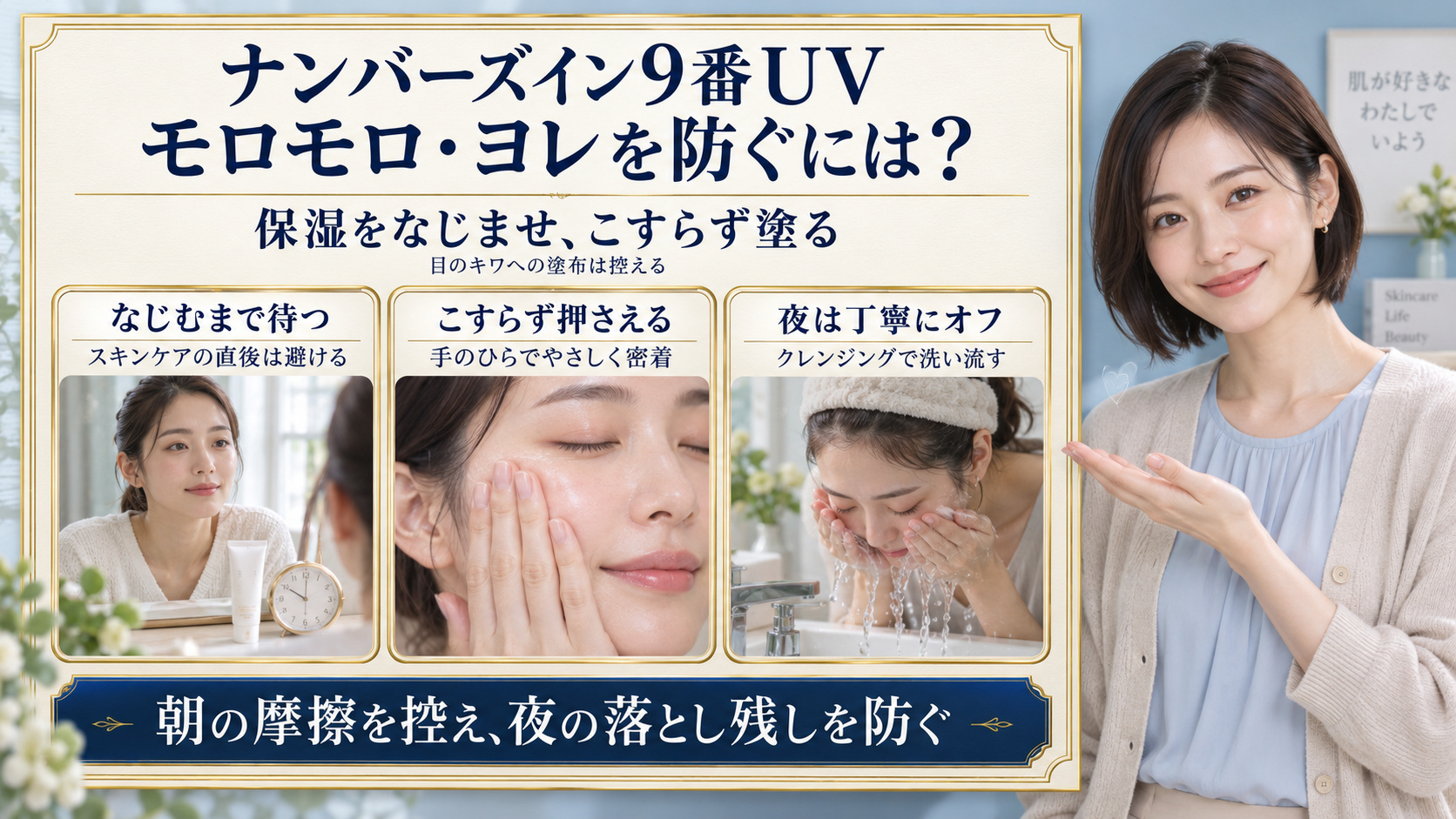 ナンバーズイン9番UVのモロモロやヨレを防ぐため、保湿をなじませてからこすらず塗り、夜は丁寧にクレンジングする3つの注意点